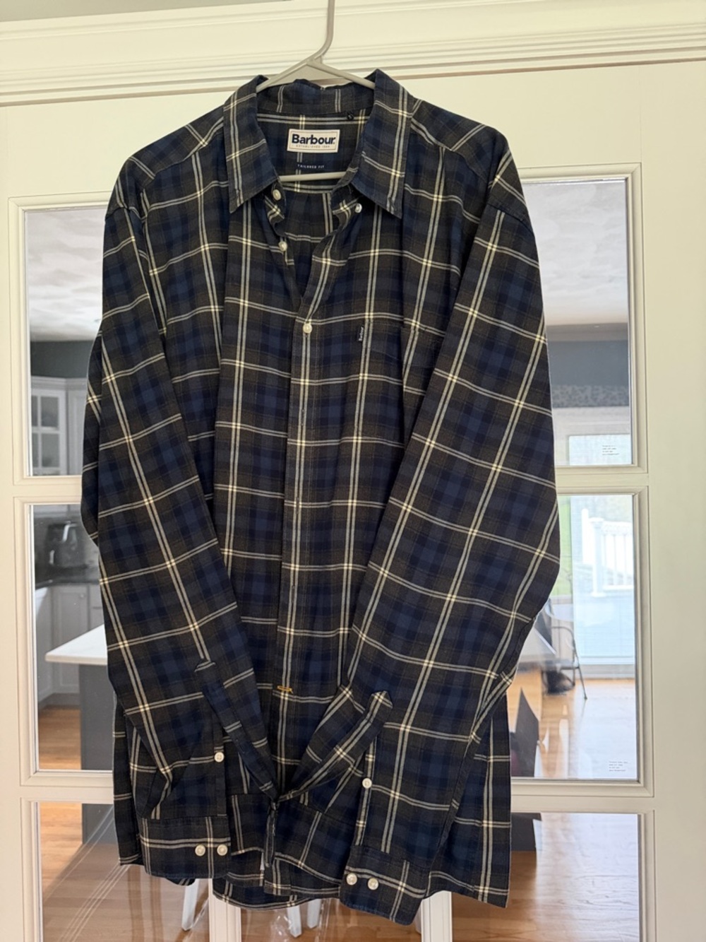 Barbour Men's Blue, Gray and White Plaid Button-Down Shirt